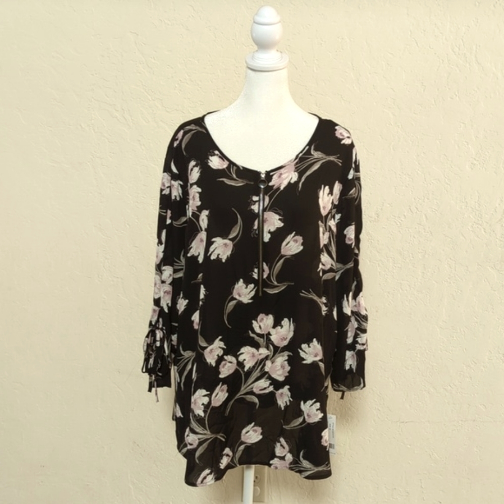 Counterparts Black Floral Print Chiffon 3/4 Sleeve Zip Front Blouse Size 2X